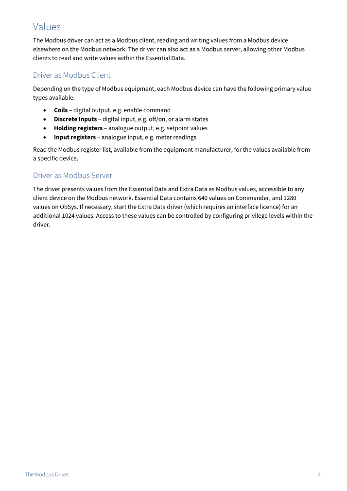 Preview thumbnail of page 4 of the Modbus Driver Manual PDF document.